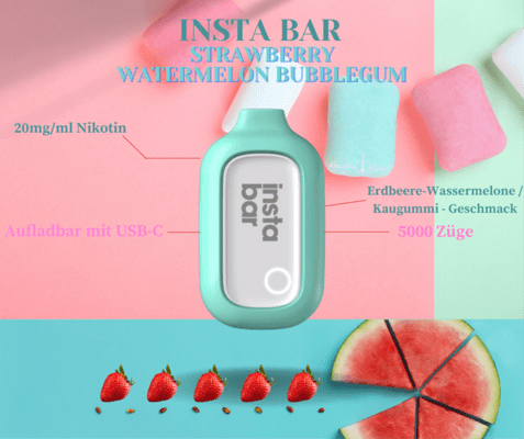 Insta Bar5000 Puffs 2% Nic.- Strawberry Watermelon Bubblegum